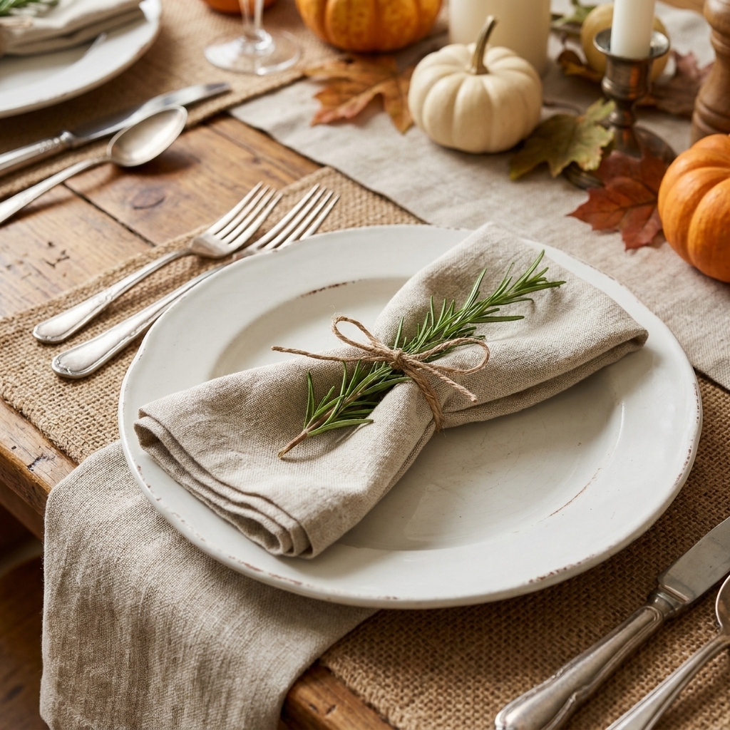 A Thanksgiving place setting with a vintage ironstone plate, a softly folded linen napkin, and a fresh rosemary sprig tucked into twine, with warm wood table tones in the background