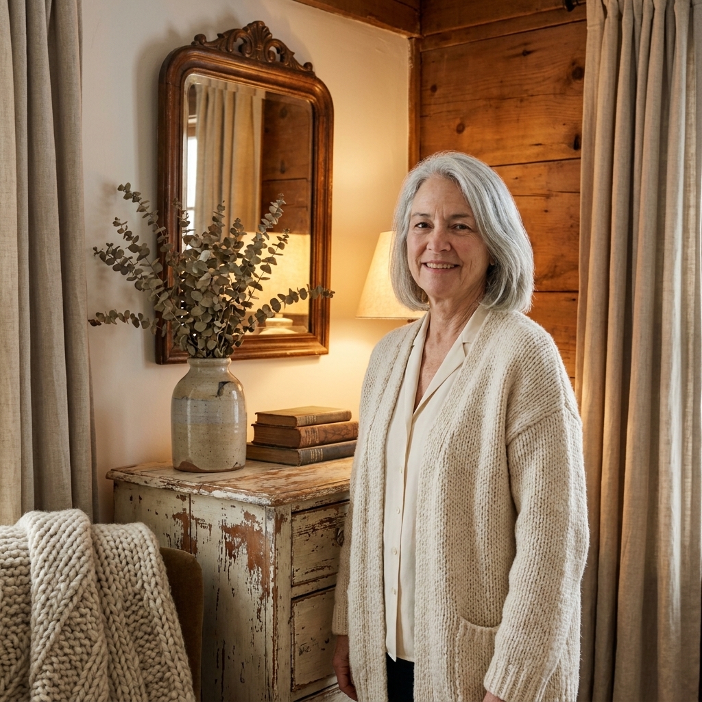 A bedroom corner with a vintage framed mirror above a small dresser, a stoneware vase with greenery, and warm ambient light