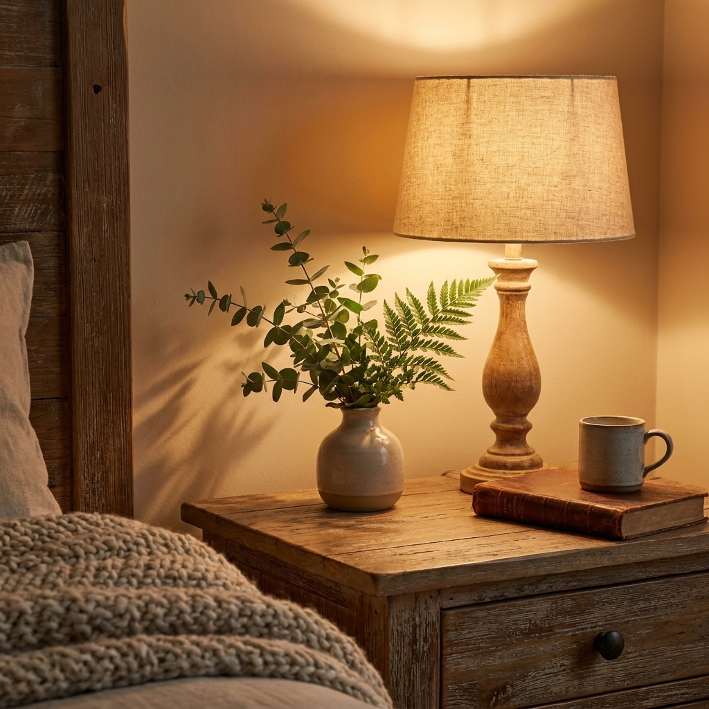 A bedside table with a warm-glowing lamp with a linen shade, plus a small vase of greenery casting soft evening light