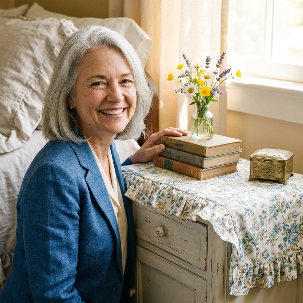 A bedside vignette with a small stack of worn books, a tiny glass vase holding fresh wildflowers, and a brass trinket box on a painted nightstand