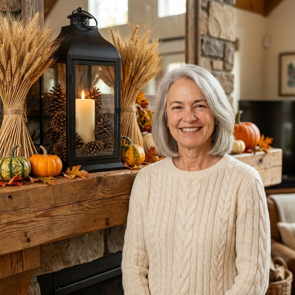A black metal lantern on a fall mantel filled with pinecones and a cream pillar candle