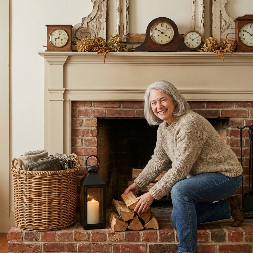 A brick fireplace hearth styled with a woven basket, a black metal lantern with a candle, and a small stack of firewood