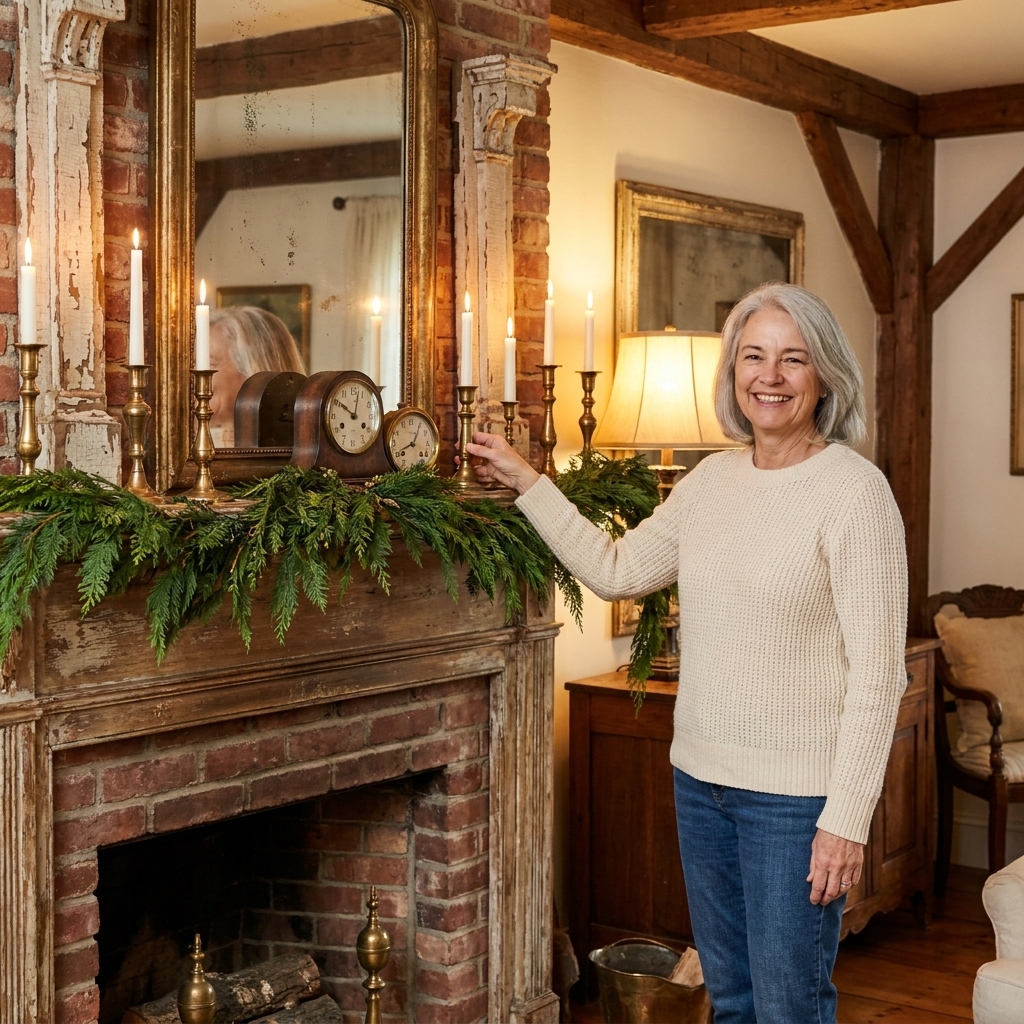 A brick fireplace mantel decorated for winter with evergreen garland, brass candlesticks, and a vintage mirror reflecting warm lamplight