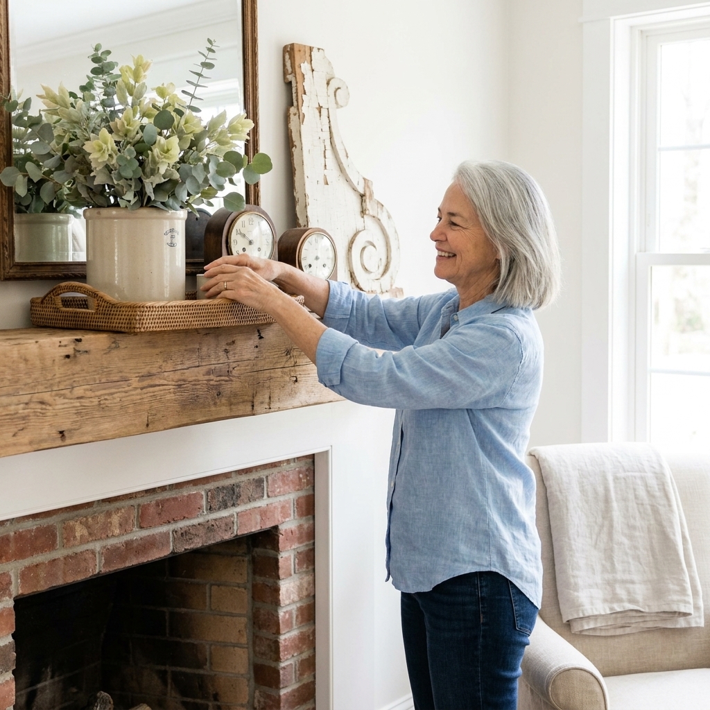 A brick fireplace with a wood mantel styled for summer using a woven tray, pale greenery in a crock, and light linen accents