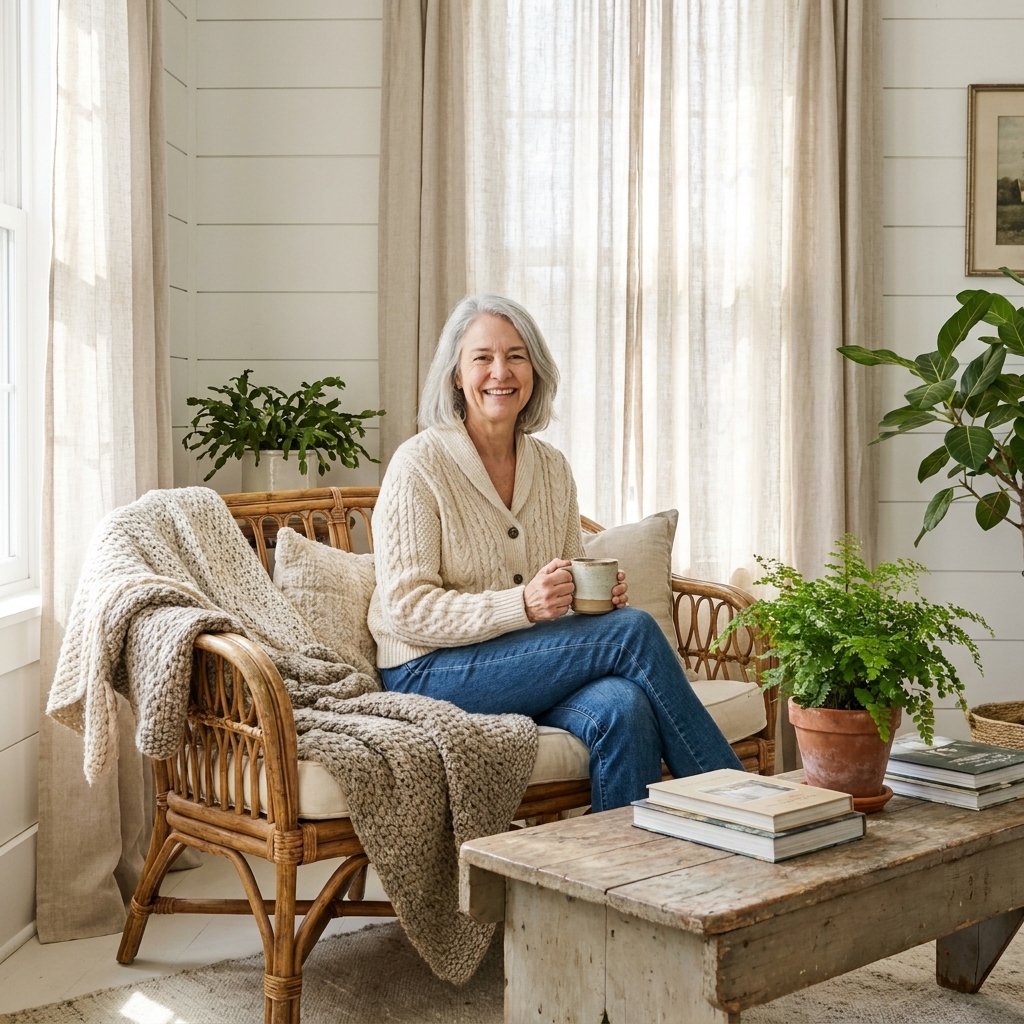 Cozy Farmhouse Sunroom Styling