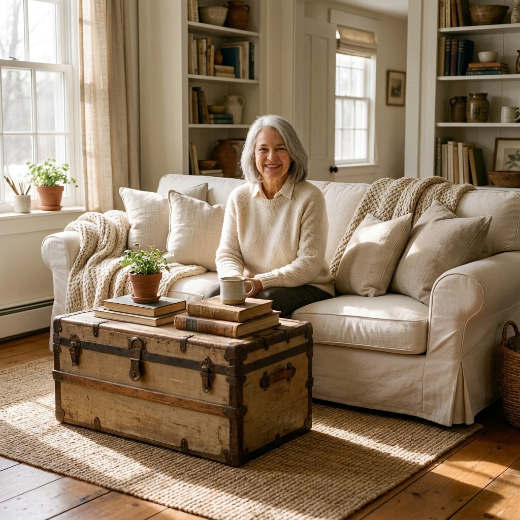 A bright, lived-in farmhouse-style living room with a slipcovered sofa, a vintage trunk coffee table, and soft neutral textiles layered for a cozy feel