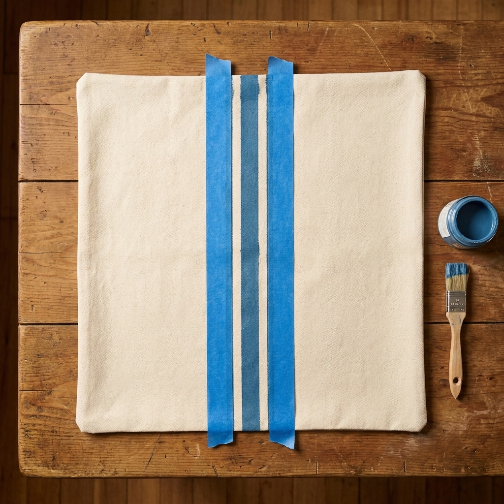 A canvas pillow panel laid flat with painter's tape forming three centered vertical stripes, ready for painting