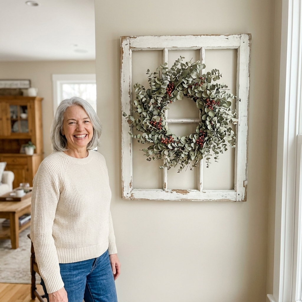 A chippy white window frame hung on a living room wall with a full eucalyptus wreath centered on the muntins