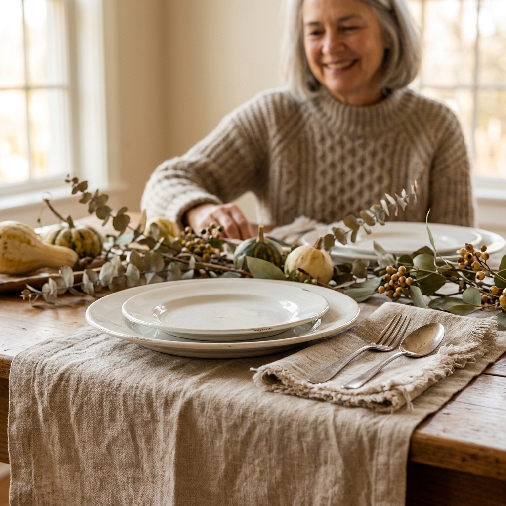 A close view of a flax linen table runner with soft wrinkles, vintage ironstone plates stacked neatly on top, and a frayed linen napkin tucked beside simple flatware