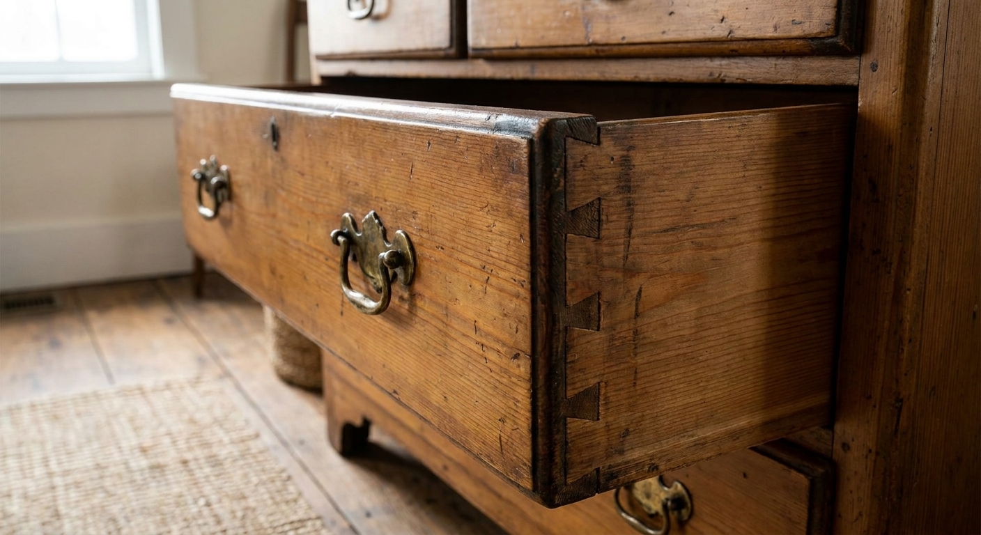 A close view of an antique pine dresser drawer slightly open, showing dovetail joinery and worn brass hardware