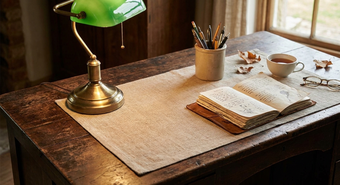 A close view of an antique wooden desk styled with a vintage brass lamp, a linen desk mat, a stoneware crock holding pens, and an open notebook