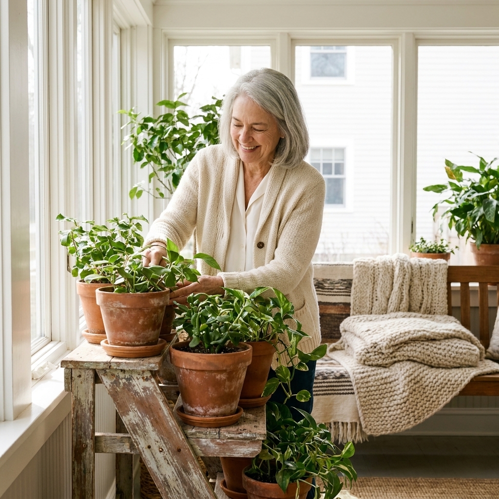 A cluster of terracotta pots with leafy green houseplants arranged on a rustic wood plant stand in a bright sunroom