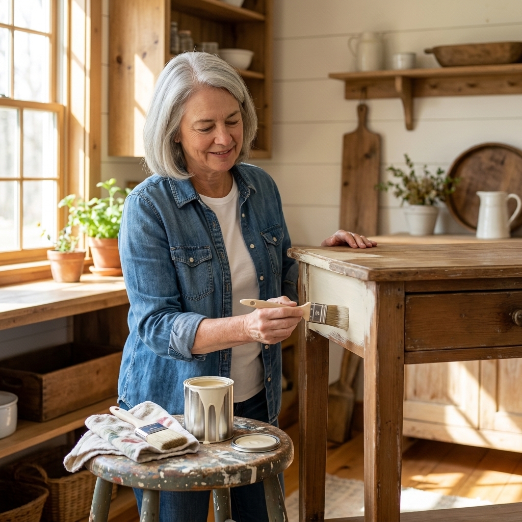 A cozy DIY workspace with an old wooden side table mid-project, a paint brush resting on a rag, an open paint tin nearby, and warm natural light coming through a window