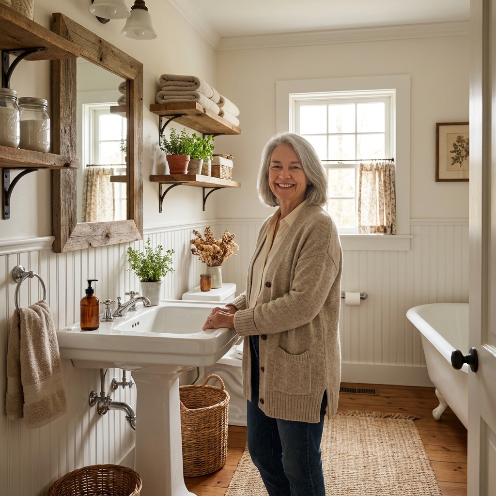 A cozy cottage-style bathroom with white-painted beadboard wainscoting, a pedestal sink, and warm wood accents, photographed in soft natural light