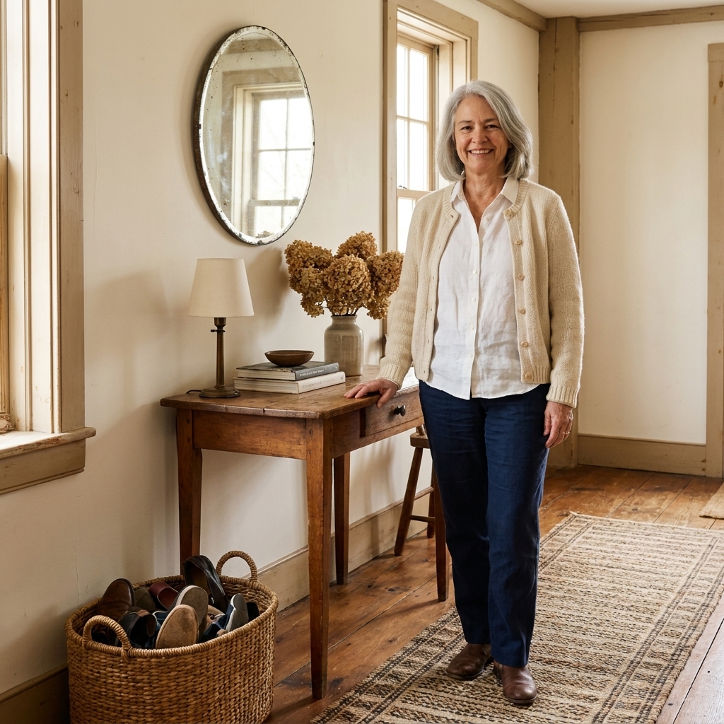 A cozy entryway with a narrow antique console table, a round vintage mirror above it, a modern woven runner on the floor, and a basket for shoes in warm natural light