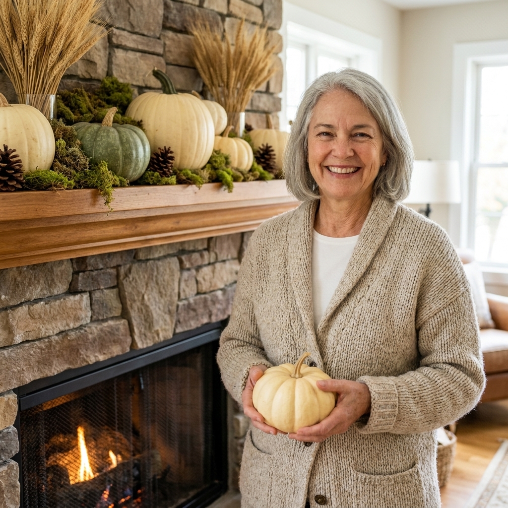 A cozy fireplace mantel styled with heirloom pumpkins in cream and green tones nestled into preserved moss and greenery