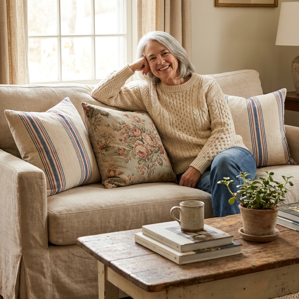 A cozy living room sofa with two faux grain sack striped pillows and one vintage floral pillow, styled with a wooden coffee table