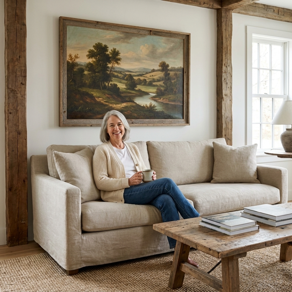 A cozy modern farmhouse living room with a large vintage-style landscape painting in a simple wood frame hung above a neutral sofa