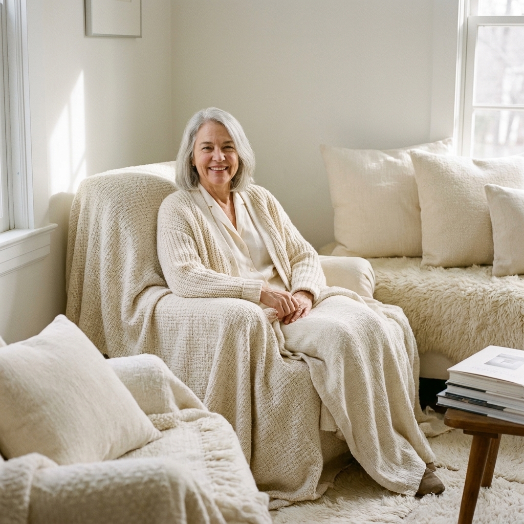 A cozy neutral room showing layers of cream and ivory textiles against soft white painted walls, with gentle shadows that highlight undertone differences