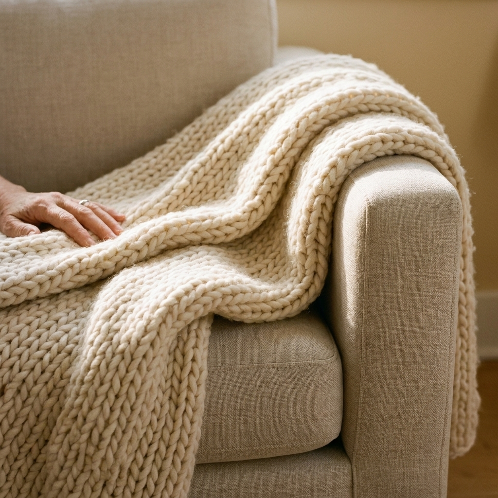 A cream chunky knit throw draped casually over the arm of a light linen sofa, with soft morning light creating deep folds and texture