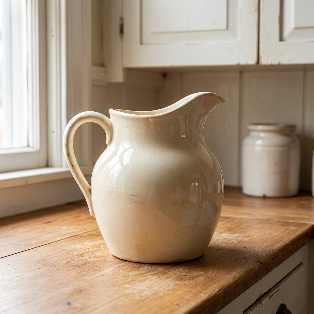 A creamy white antique ironstone pitcher sitting on a wooden countertop in a farmhouse kitchen with soft daylight, showing gentle age wear and a slightly warm glaze