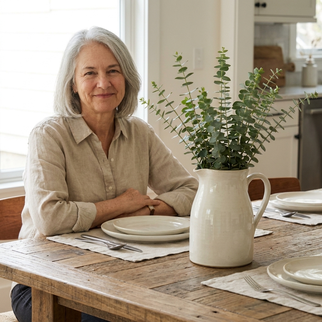 A creamy white stoneware pitcher holding leafy green stems on a reclaimed wood dining table with neutral place settings