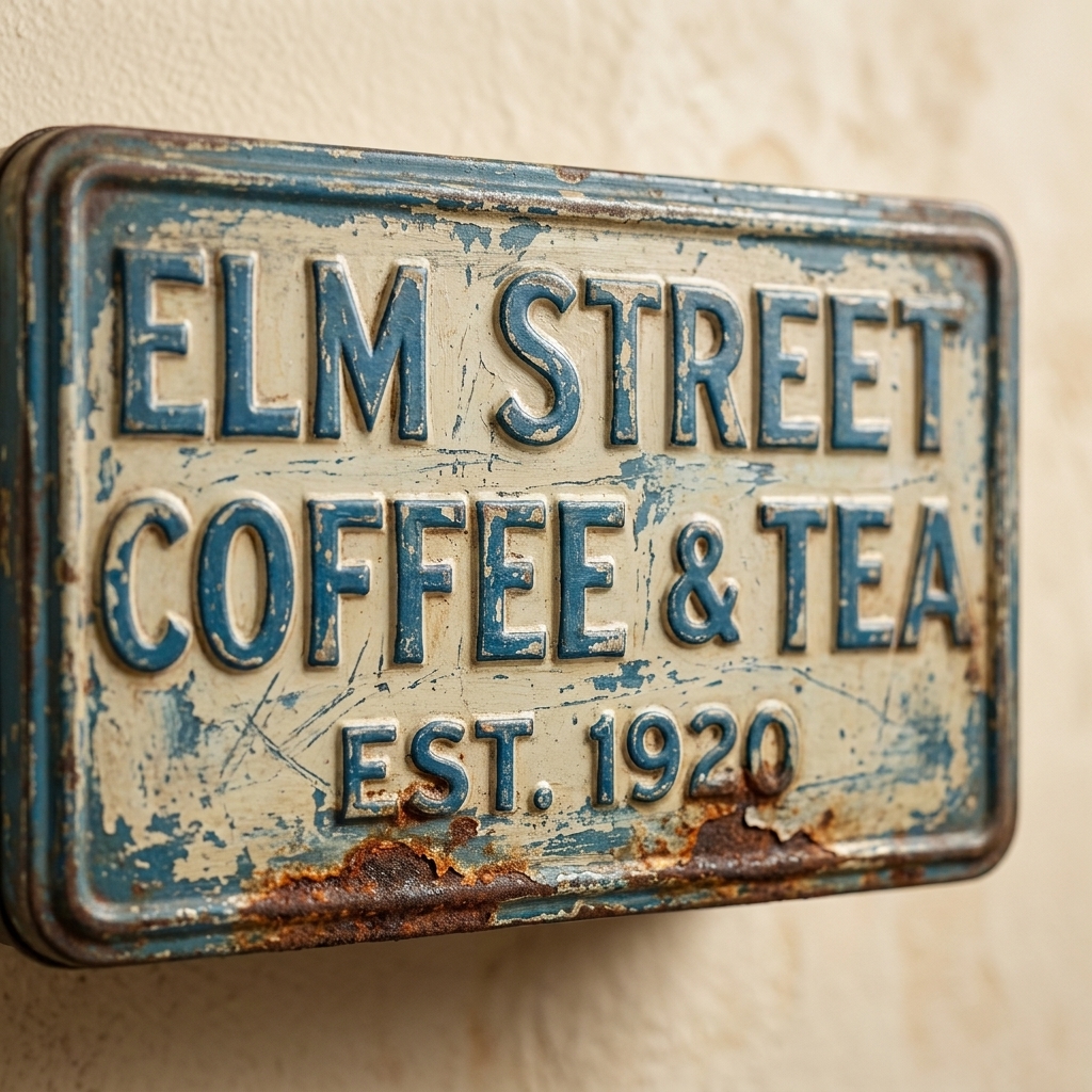 A detailed close-up photograph of an old tin advertising sign showing layered paint wear, small patches of rust near the bottom edge, and slightly raised printed lettering