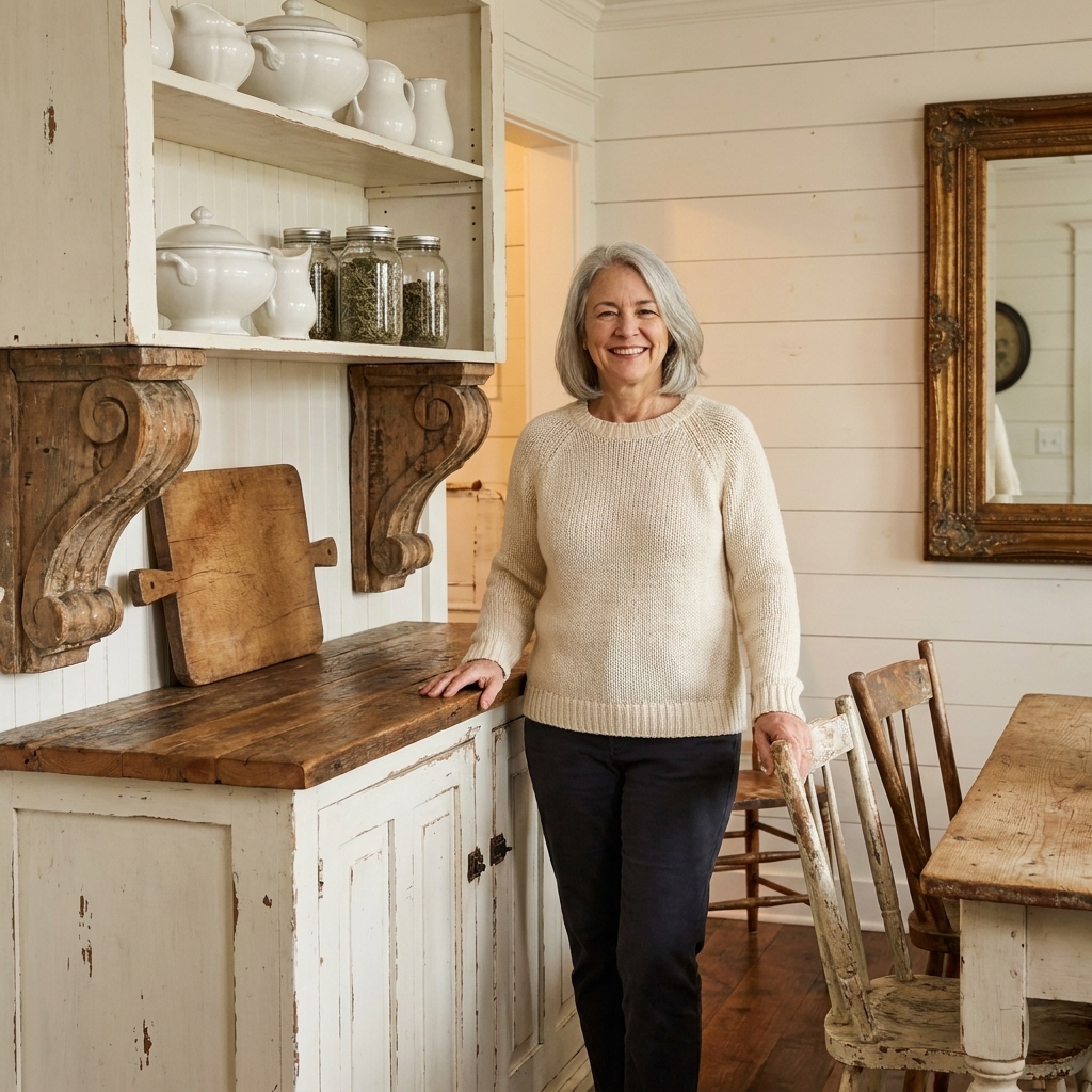 A dining room buffet styled like a built-in with two antique corbels supporting a thick wood top, finished with simple farmhouse decor and a warm neutral palette