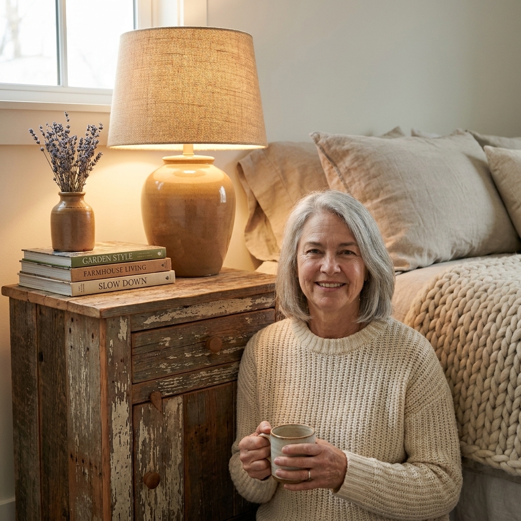 A distressed wood nightstand with visible grain and worn edges, styled with a warm lamp, a small stack of books, and a ceramic vase