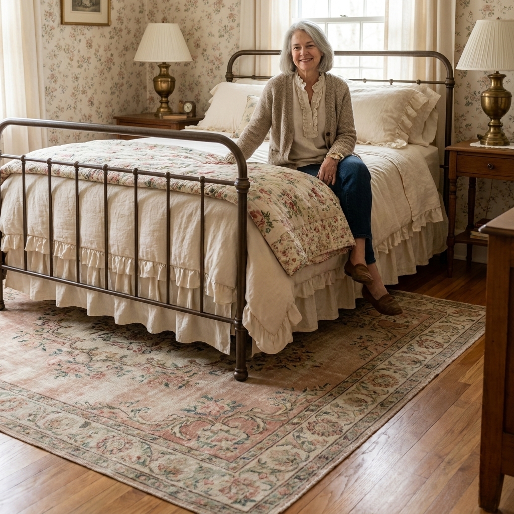 A faded vintage-style floral rug placed under a bed, with the rug extending out on both sides to soften the bedroom