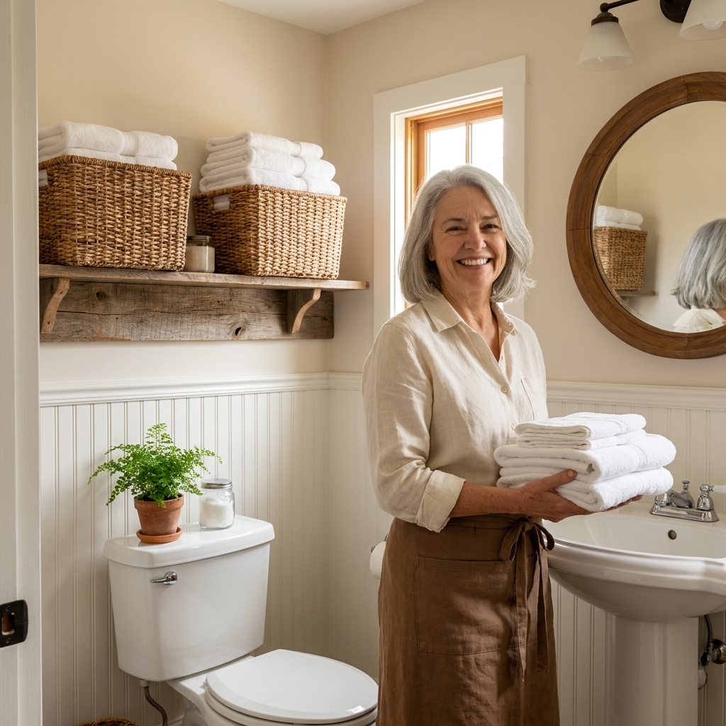 A farmhouse bathroom with white beadboard wainscoting, a simple wood shelf above the toilet, and neatly folded white towels in woven baskets
