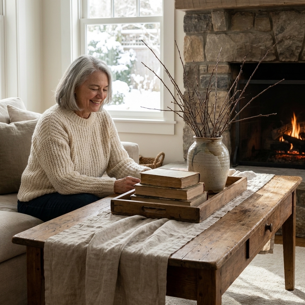 A farmhouse coffee table styled for winter with a wooden tray, a pottery vase with bare branches, a stack of worn books, and a linen runner in soft neutral tones