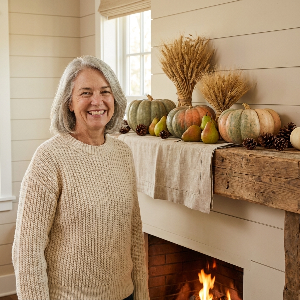 A farmhouse fall mantel arranged with heirloom pumpkins and fresh pears on a folded piece of natural linen