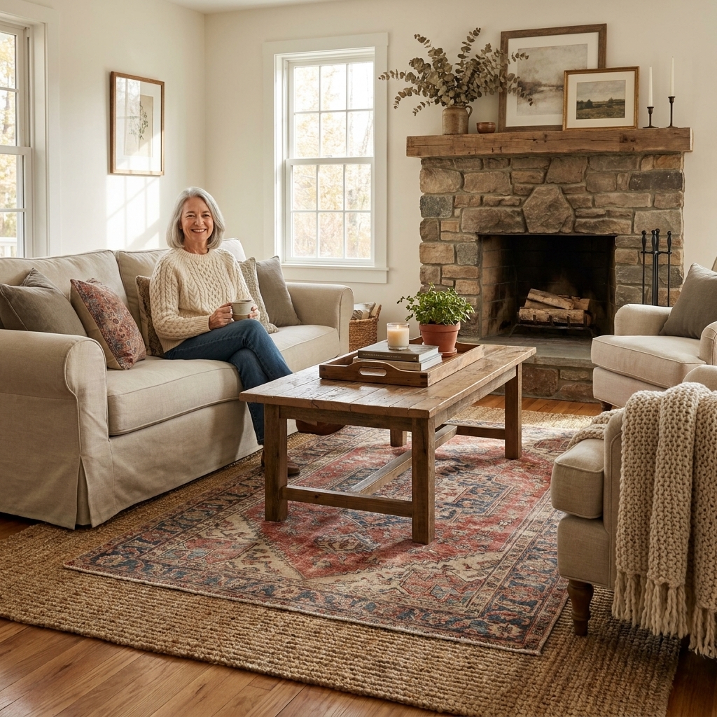 A farmhouse living room with a natural jute rug layered under a muted vintage-style patterned rug, with a wood coffee table centered on top