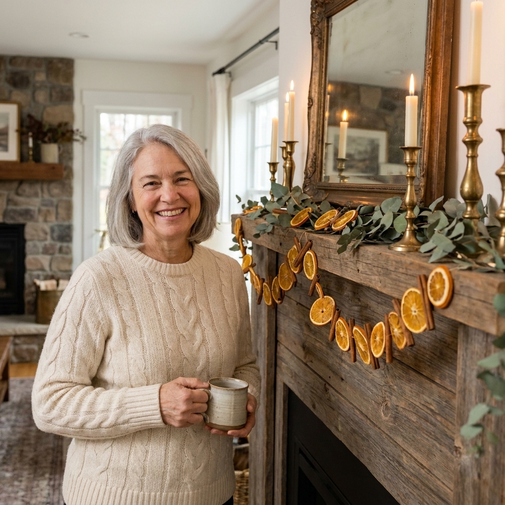 A farmhouse mantel with a dried orange and cinnamon garland draped over greenery, with brass candlesticks and a vintage mirror above