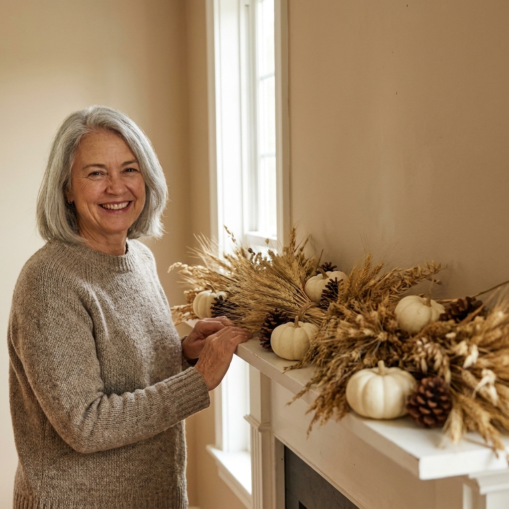 A farmhouse mantel with a low runner of dried grasses laid across the shelf and accented with small white pumpkins