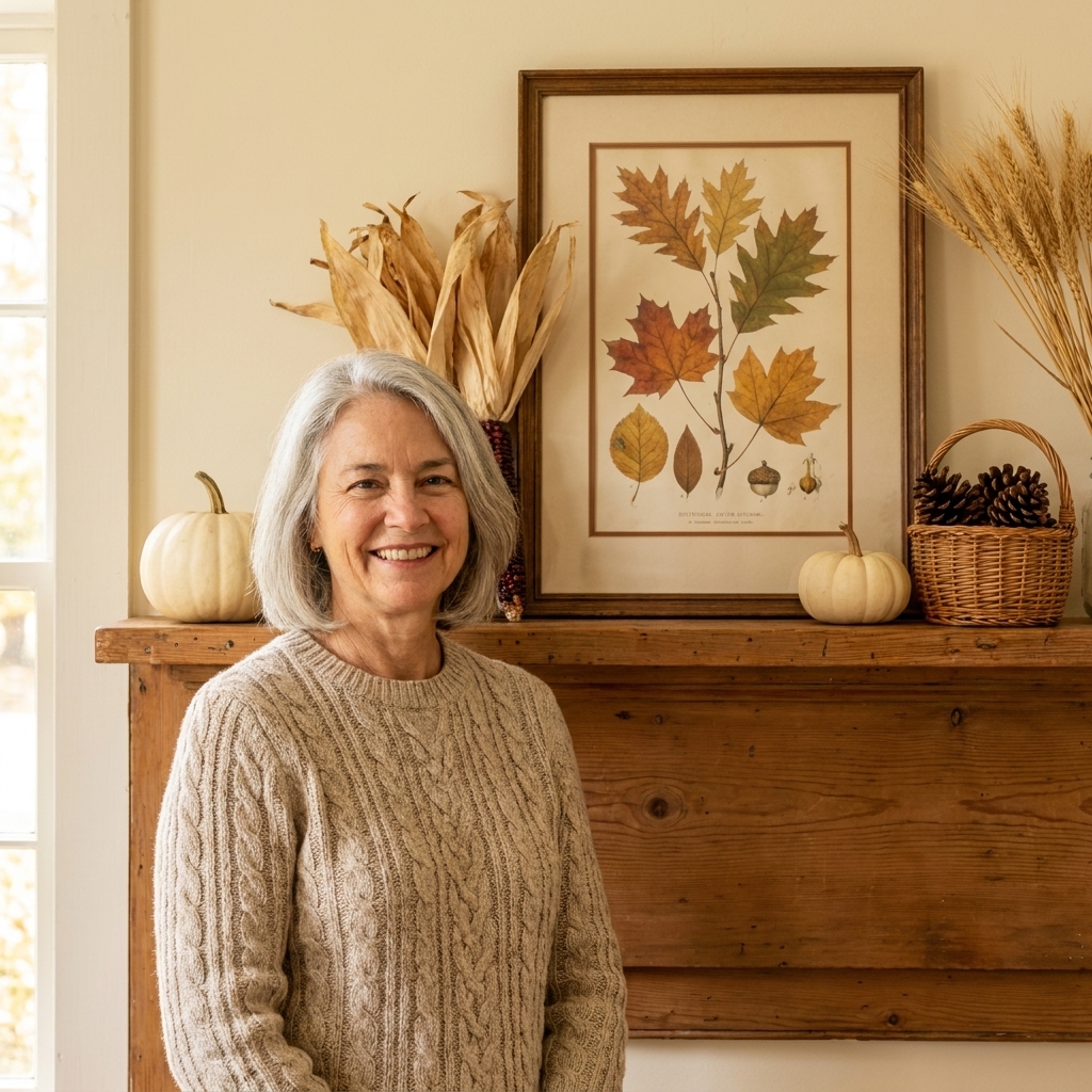 A farmhouse mantel with dried corn husks tucked behind a vintage framed print and paired with small white pumpkins