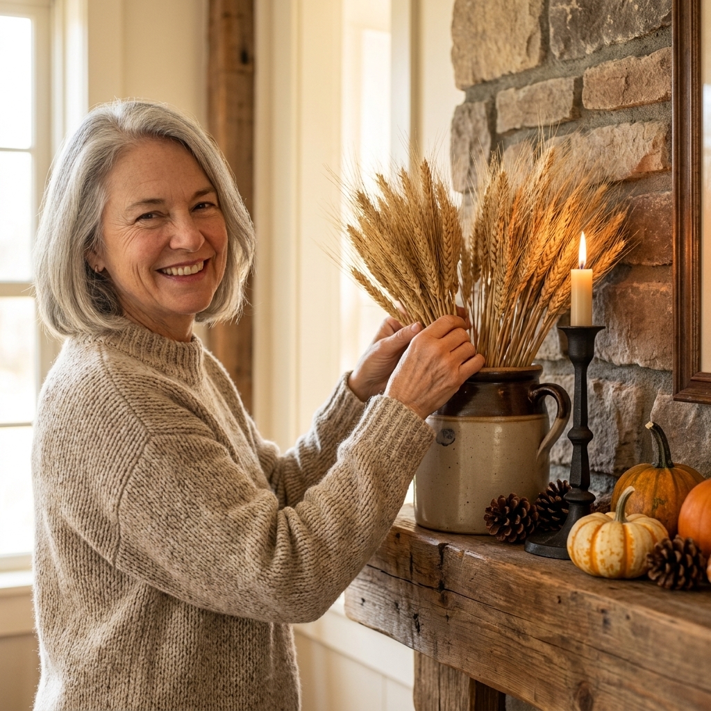 A farmhouse mantel with dried wheat bundles arranged in a vintage stoneware crock beside an iron candleholder