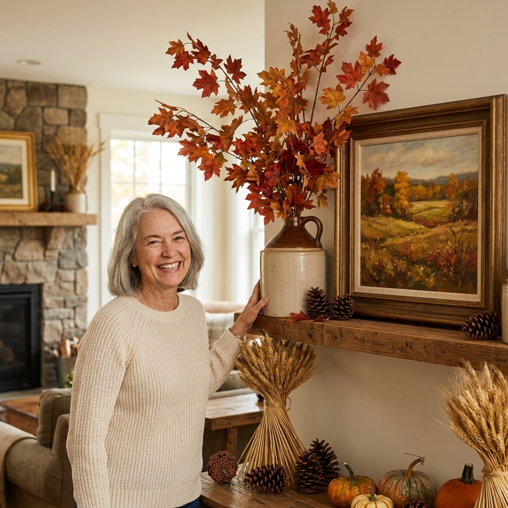 A farmhouse mantel with tall foraged autumn branches fanned out in a vintage jug next to a framed landscape print