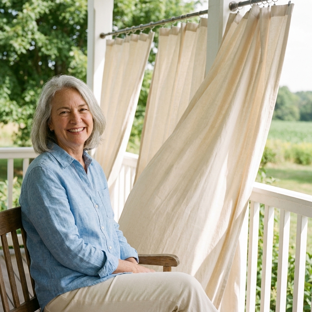 A farmhouse porch with simple cream drop cloth curtains hanging from a rod, gently moving in a summer breeze beside white railing