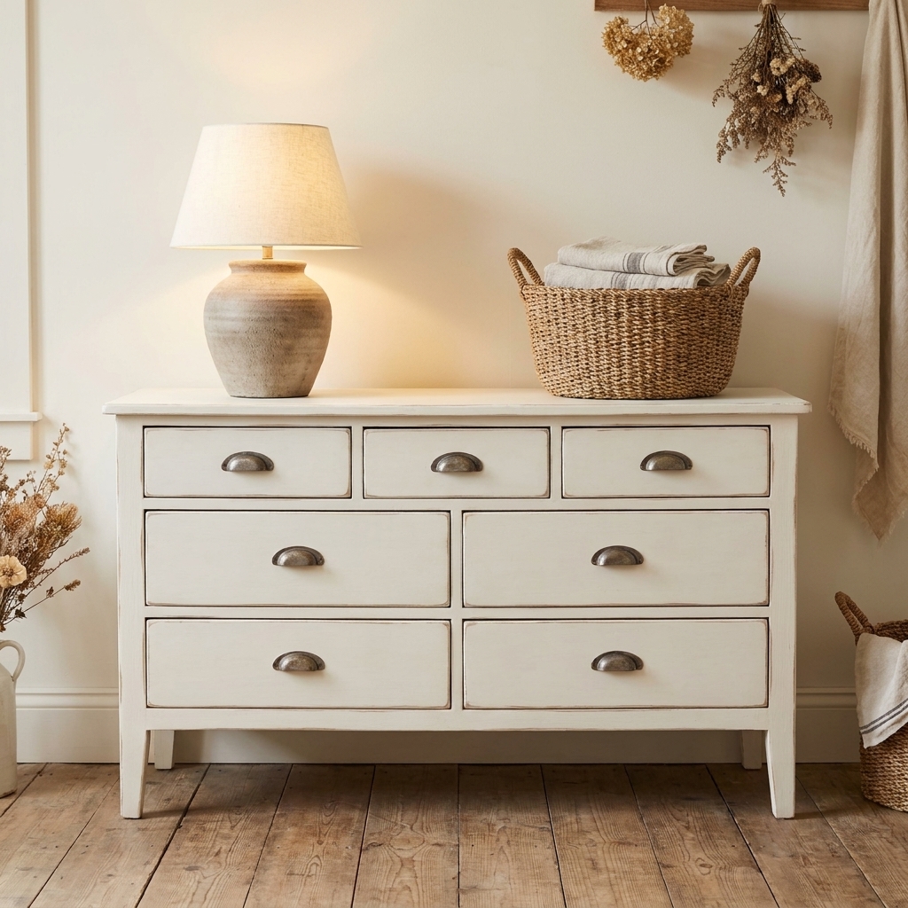 A farmhouse style dresser painted in warm white chalk paint with softly sanded edges and drawer pulls, staged with a pottery lamp and a woven basket