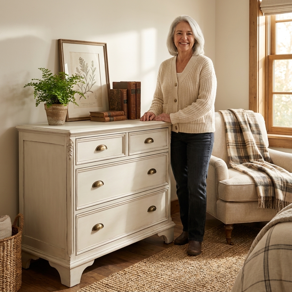 A finished chalk painted dresser in a soft warm white with subtle dark wax in the details and simple brass cup pulls, styled in a cozy bedroom corner