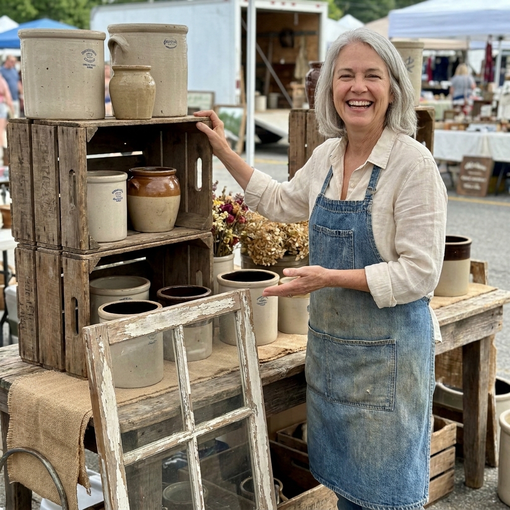 A flea market vendor booth with a rustic vignette featuring stacked wooden crates, antique crocks, and a weathered window frame leaning against a table
