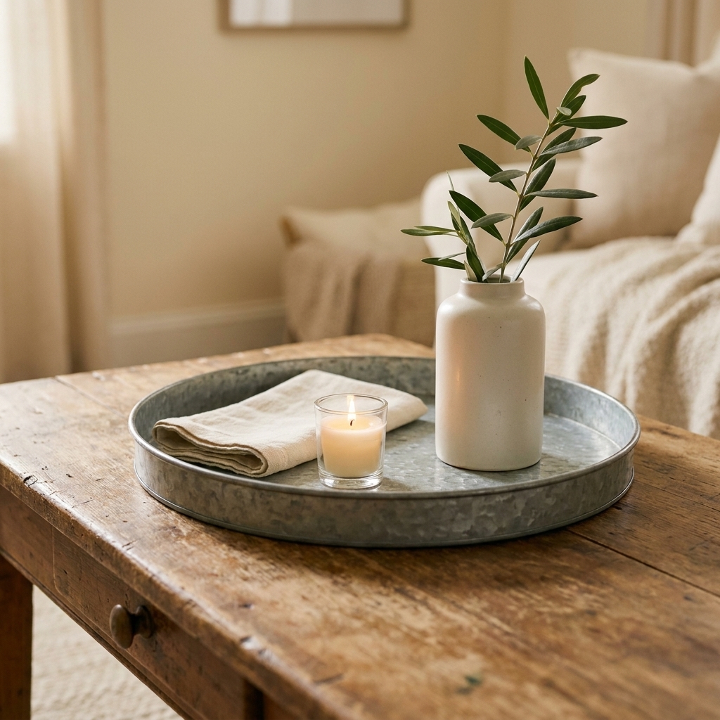 A galvanized metal tray centered on a rustic wood coffee table, holding a small candle, a cream linen napkin, and a simple ceramic vase