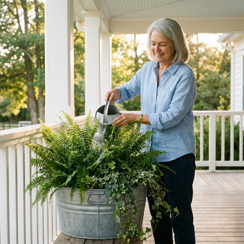 A galvanized metal tub used as a porch planter, filled with ferns and trailing greenery beside a white farmhouse railing