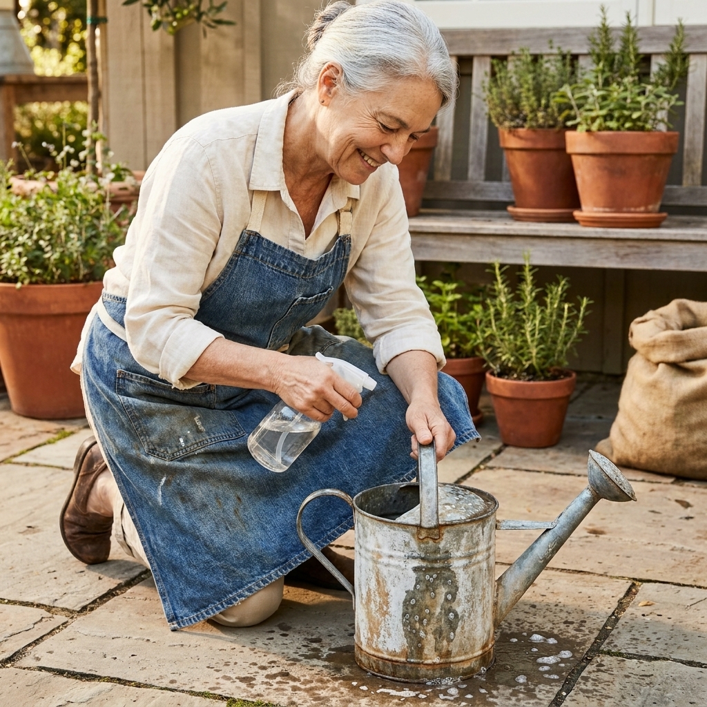 A galvanized watering can sitting on a stone patio as a vinegar, salt, and hydrogen peroxide solution creates a mottled aged patina with small rust spots