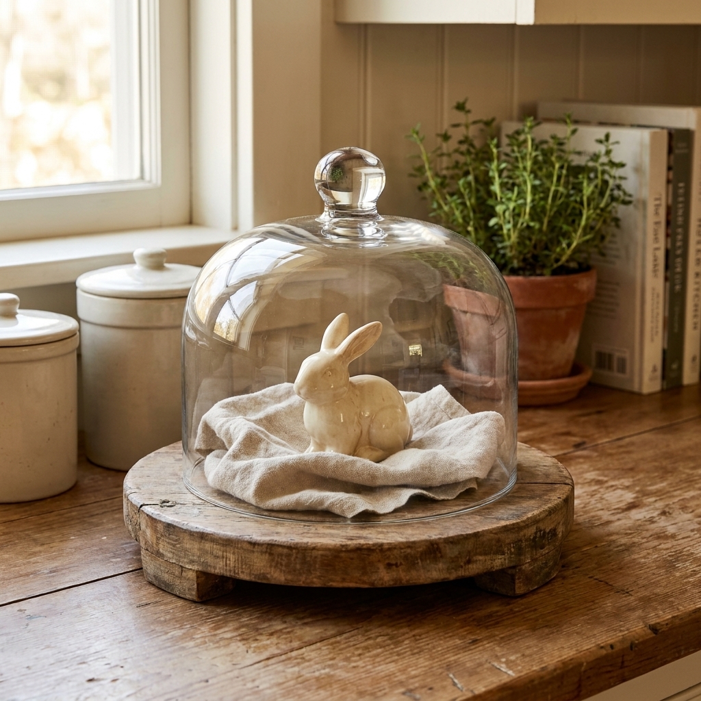 A glass cloche on a rustic wooden riser covering a small ceramic bunny figurine on a piece of natural linen, sitting on a cottage kitchen counter
