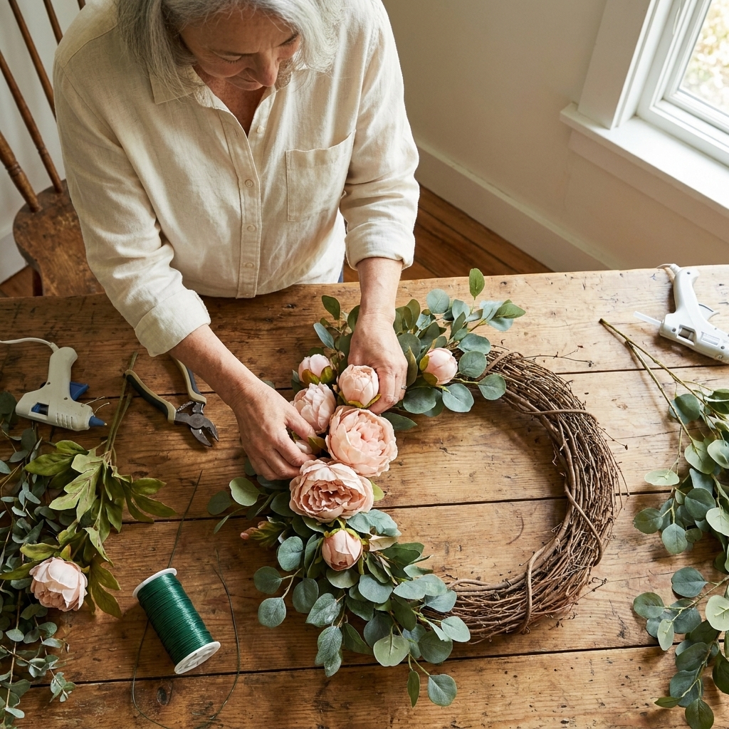 A grapevine wreath with eucalyptus attached and blush peonies being positioned into a clustered arrangement on one side, viewed from above on a rustic table