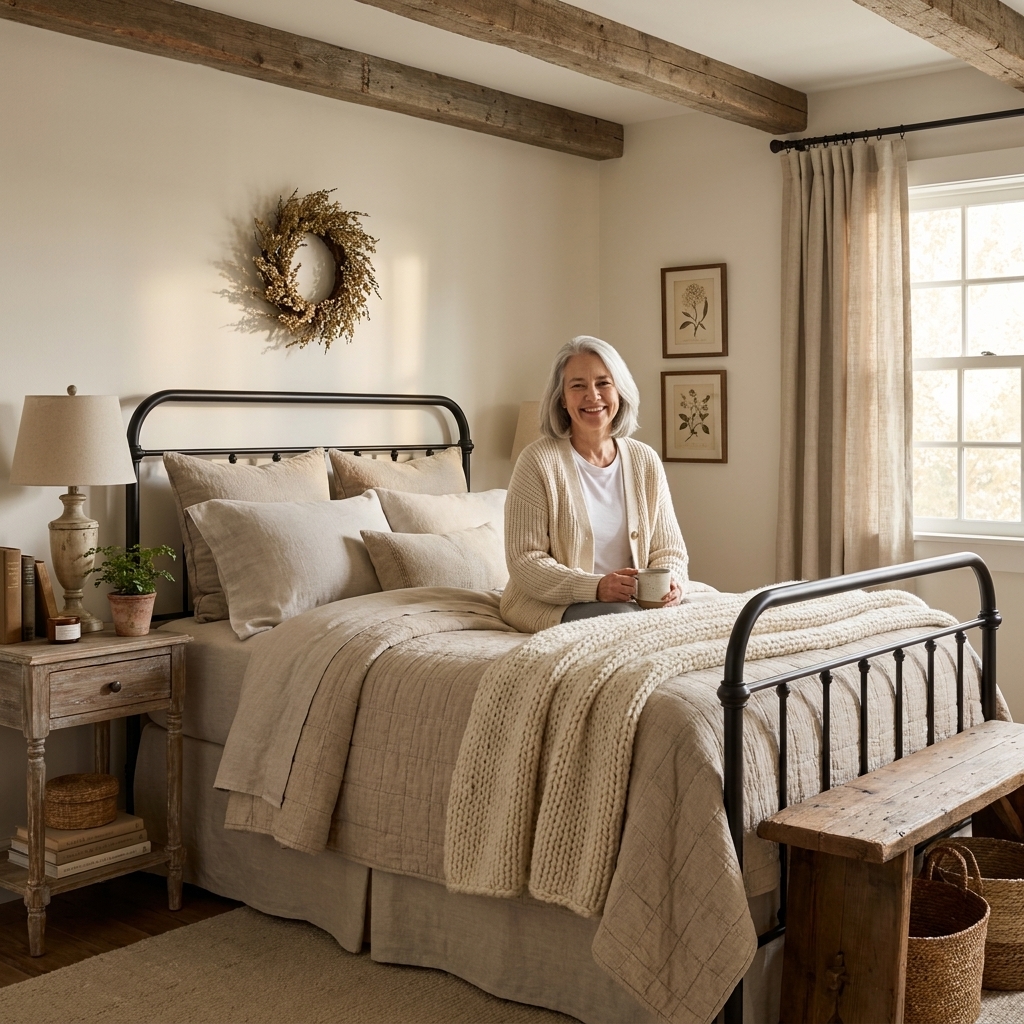 A guest bedroom featuring a black iron bed frame dressed in neutral bedding and a soft throw