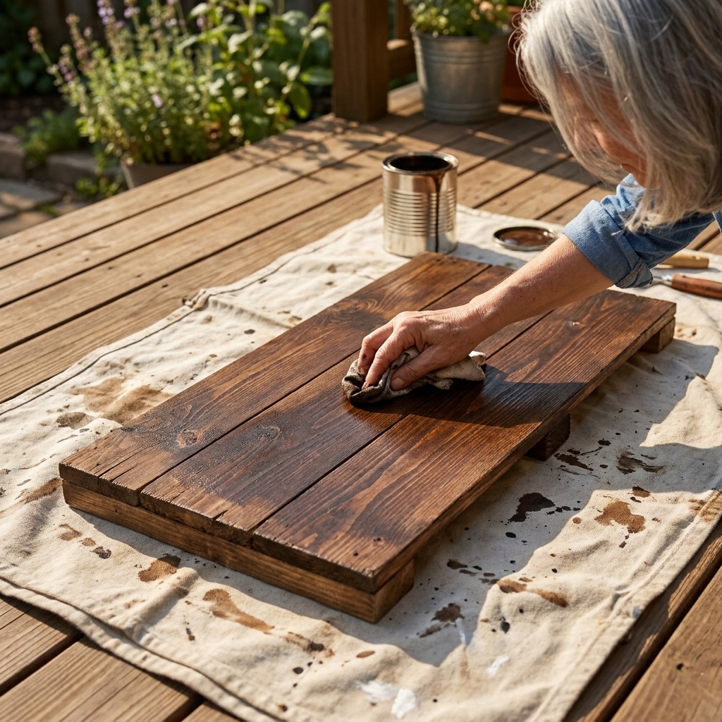 A hand applying dark wood stain to a pallet wood sign board with a rag on a drop cloth outdoors